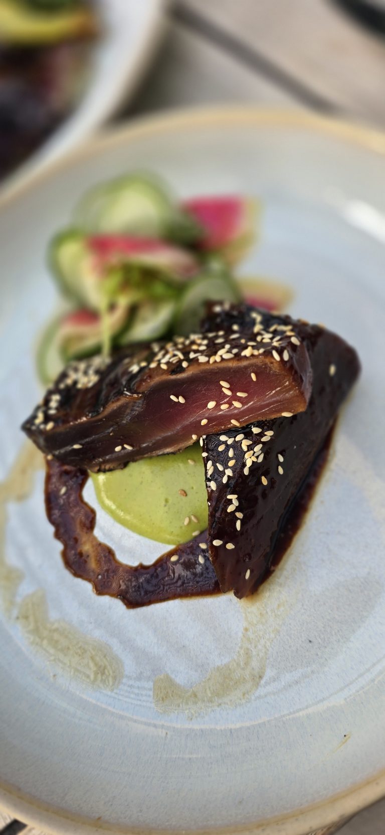 A close-up of a plated dish topped with cucumber, radish and toasted sesame seeds
